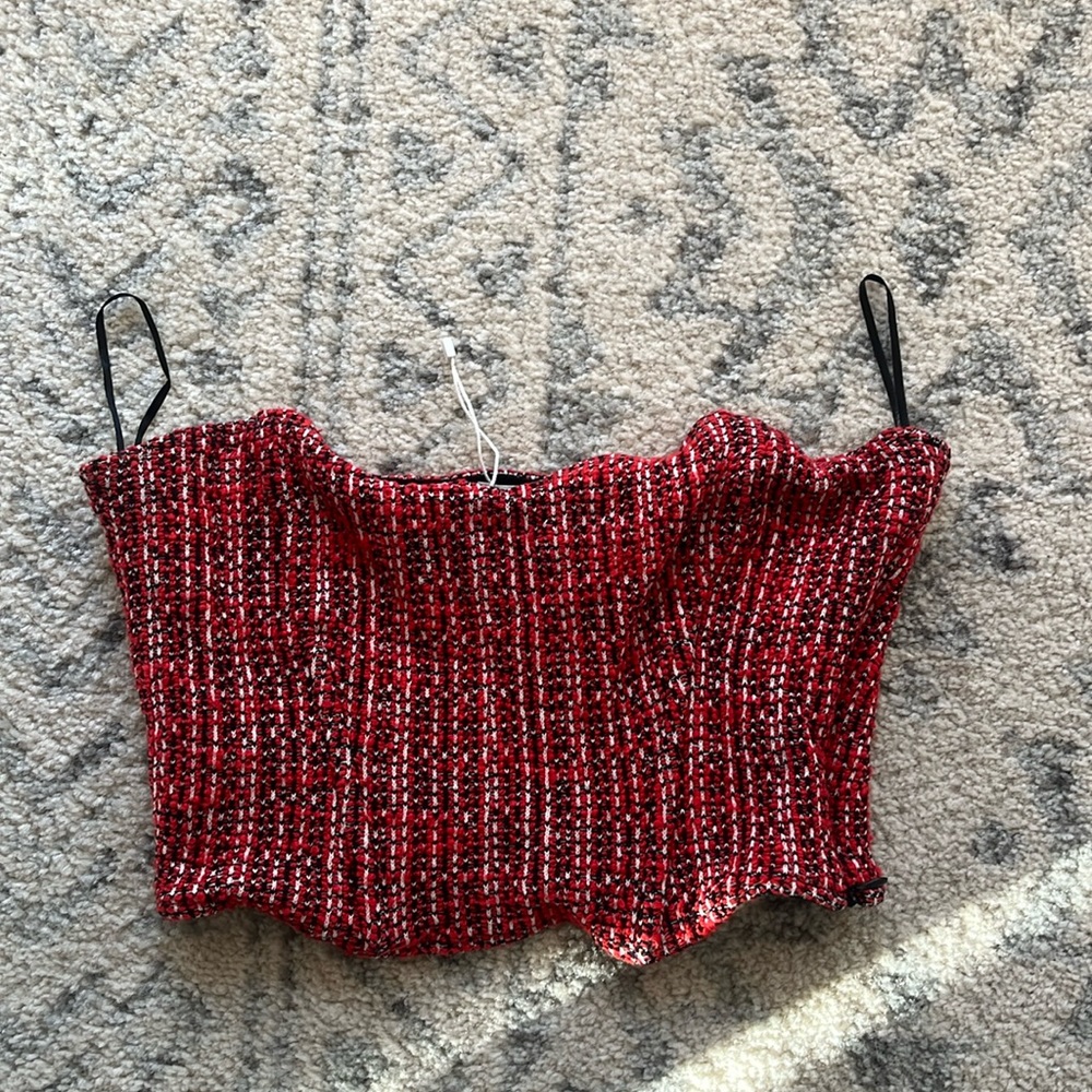 Zara red tweed bustier top